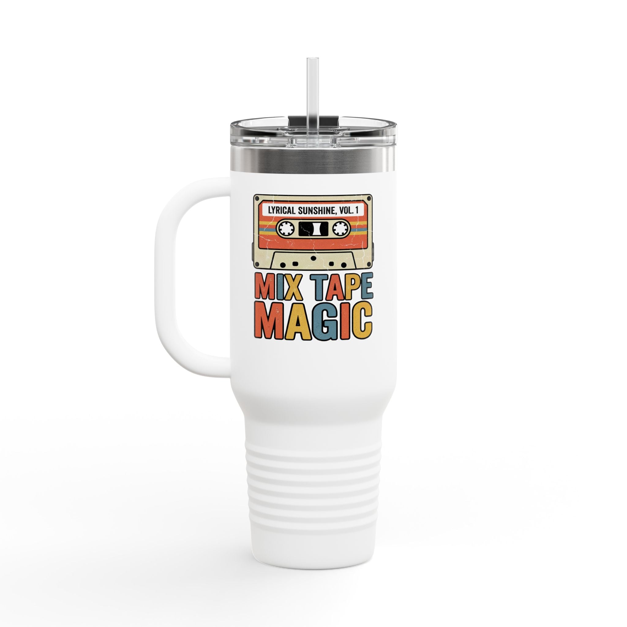 Mix Tape Magic 40oz Insulated Travel Mug — Retro Cassette Coffee Tumbler