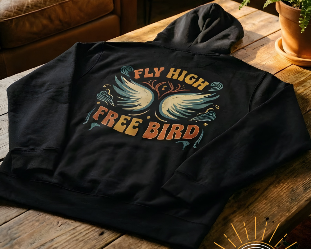 Black hoodie with 'Fly High Free Bird' design on a wooden table in a cozy room.