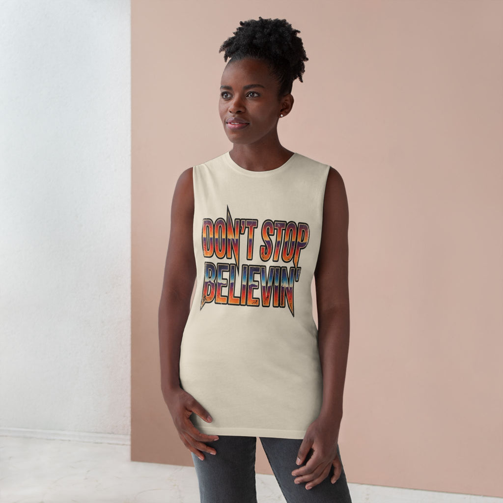 Don't Stop Believin' Tank Top — Retro Sunset Graphic Sleeveless Tee