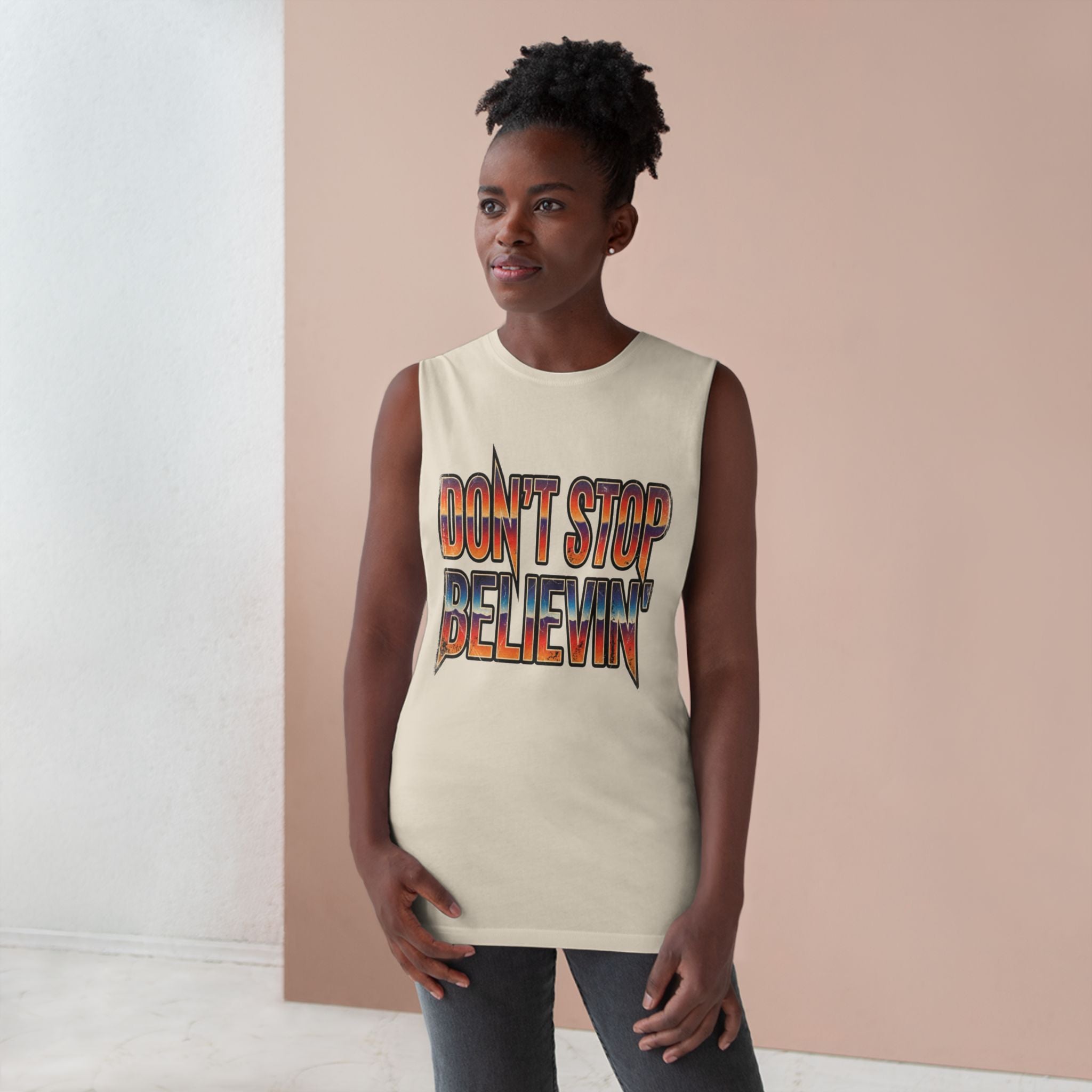 Don't Stop Believin' Tank Top — Retro Sunset Graphic Sleeveless Tee
