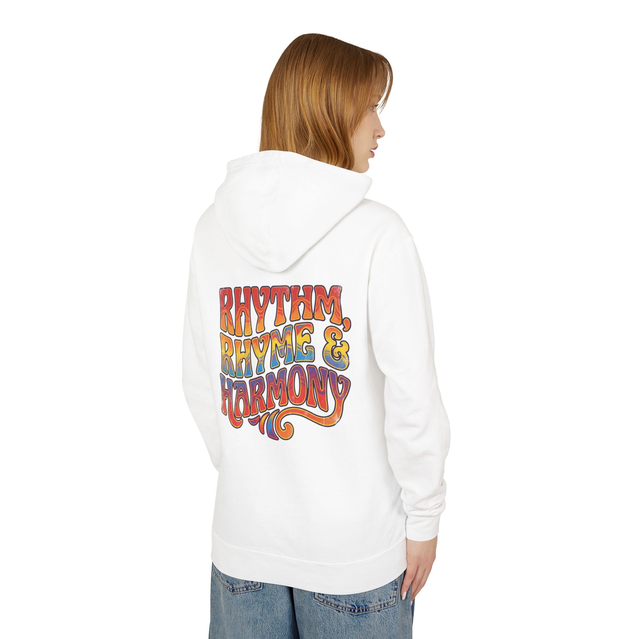 Rhythm Rhyme & Harmony Hoodie — Retro Music Graphic Pullover