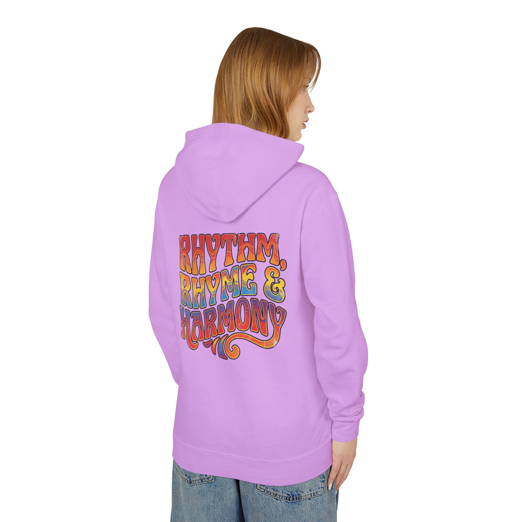 Rhythm Rhyme & Harmony Hoodie — Retro Music Graphic Pullover