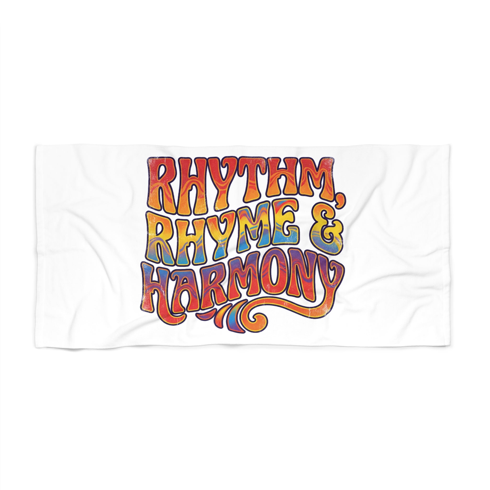Rhythm Rhyme & Harmony Beach Towel — Retro Music Vibe, Colorful Hippie Graphic