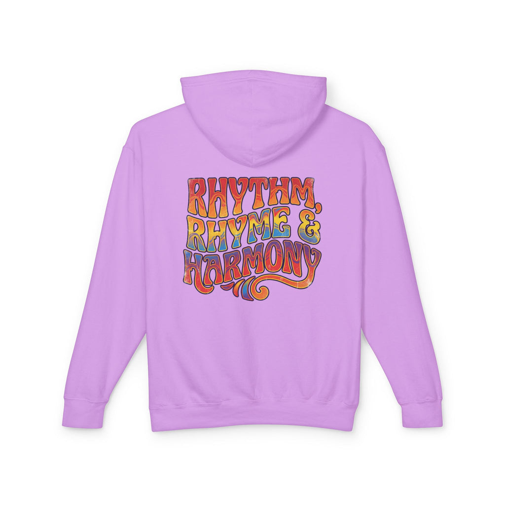 Rhythm Rhyme & Harmony Hoodie — Retro Music Graphic Pullover