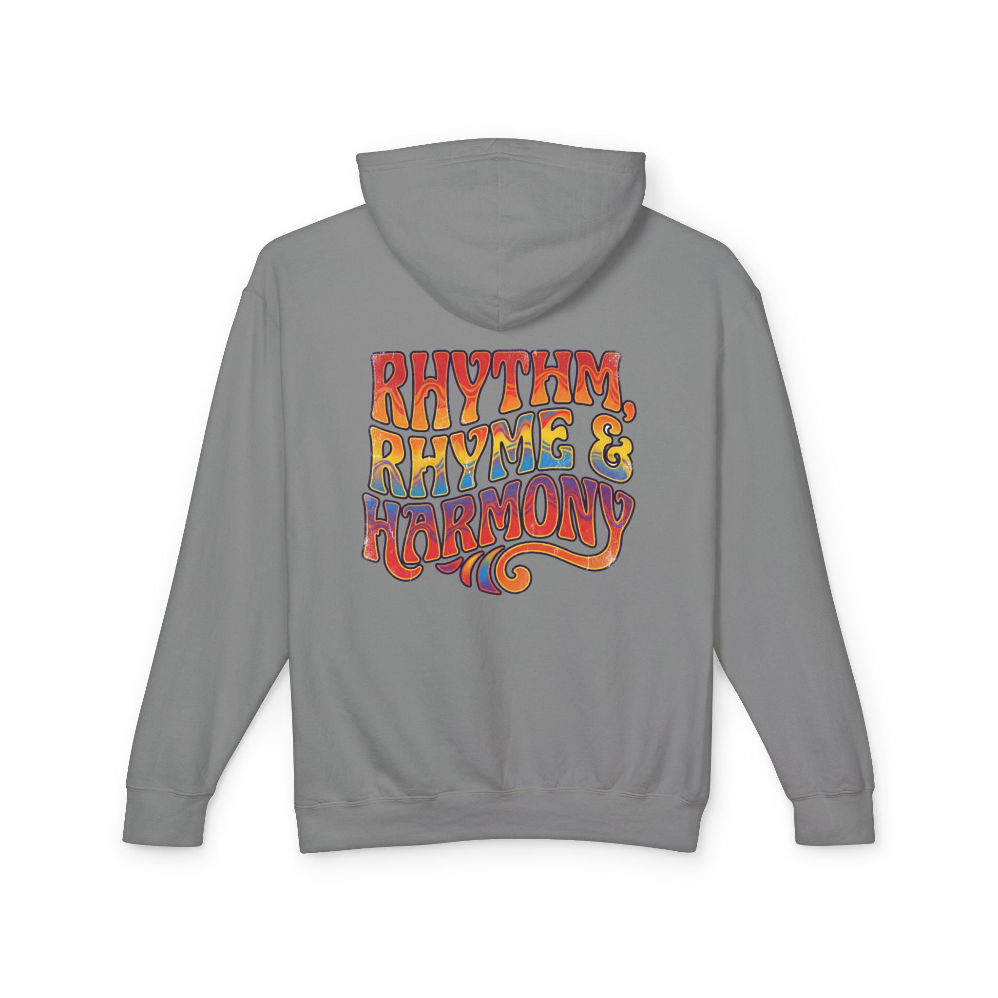 Rhythm Rhyme & Harmony Hoodie — Retro Music Graphic Pullover