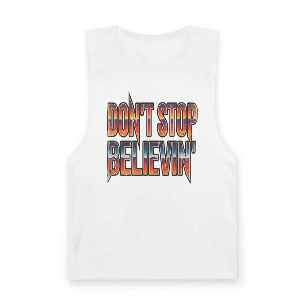 Don't Stop Believin' Tank Top — Retro Sunset Graphic Sleeveless Tee