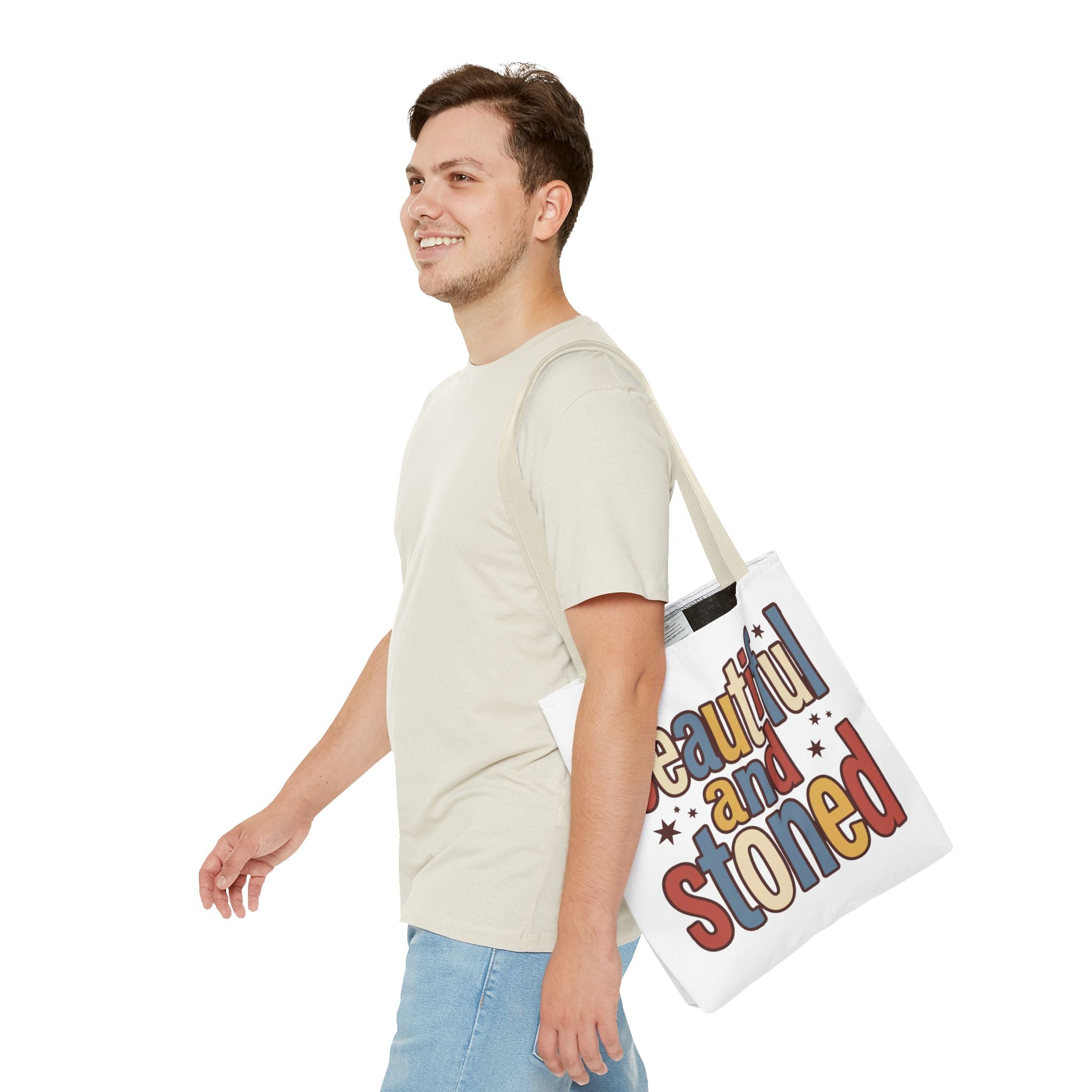 Beautiful and Stoned Tote Bag — Retro Colorful Graphic Cotton Tote