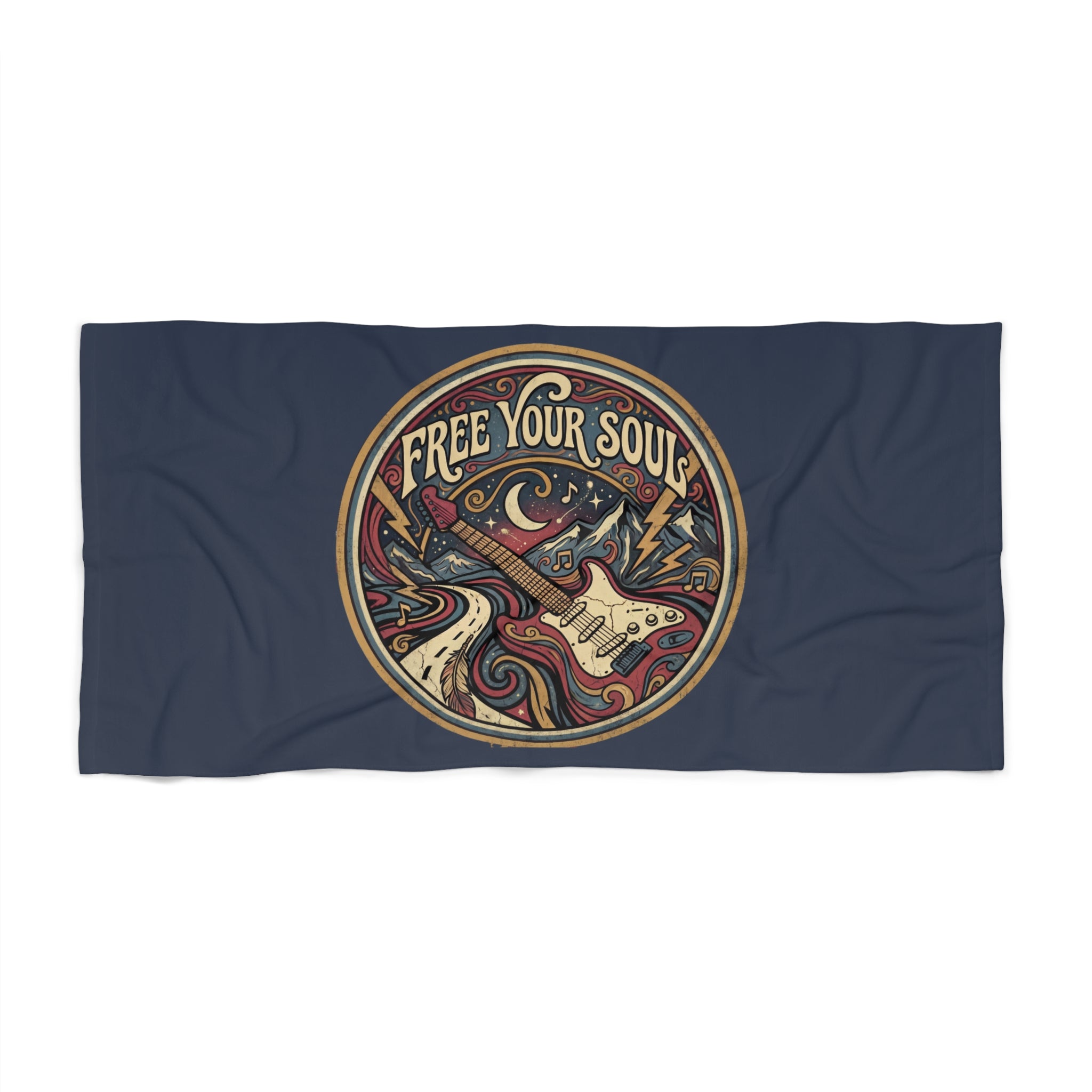 Free Your Soul Guitar Beach Towel — Retro Music Bass Guitar Vintage Surf Vibe