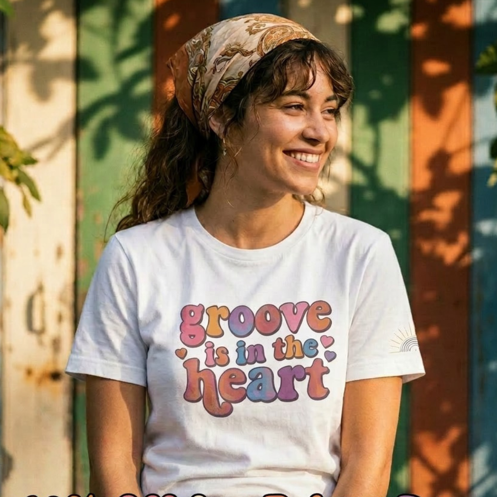 Person wearing a t-shirt with 'groove is in the heart' text, standing outdoors with colorful background.
