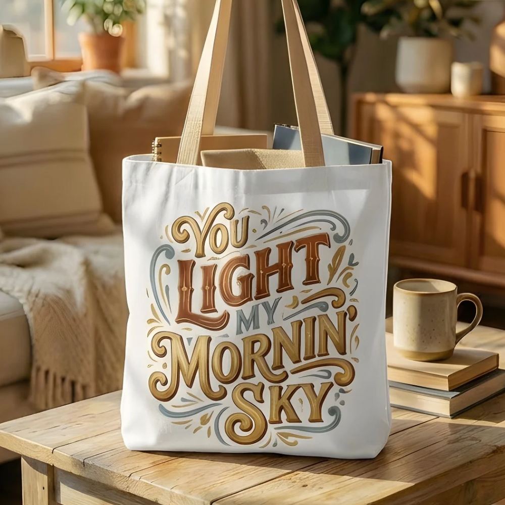 Tote bag with motivational quote on a wooden table in a cozy living room.