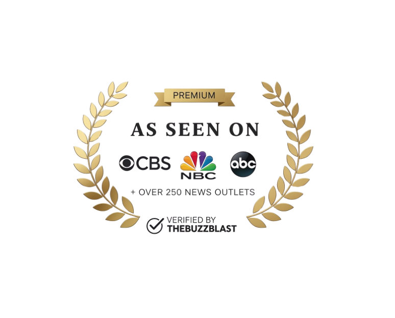 Decorative emblem with laurel wreaths and news outlet logos on a white background