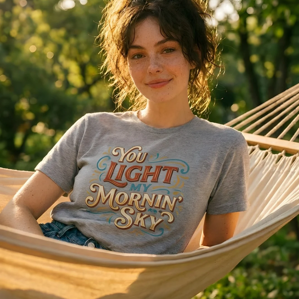 Person sitting in a hammock wearing a t-shirt with a quote, surrounded by greenery.