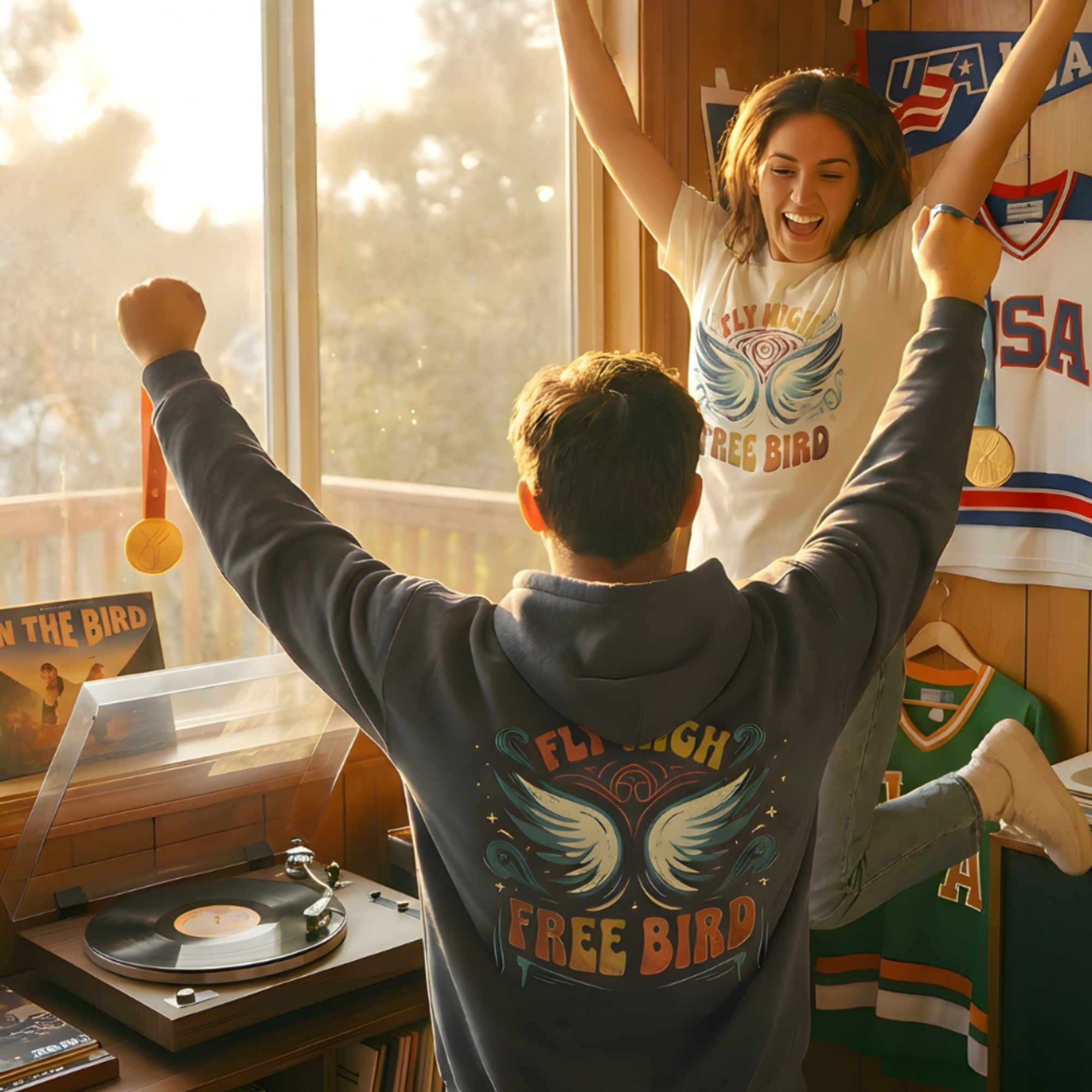 Two people celebrating with arms raised in a room with a record player and sports-themed decor.