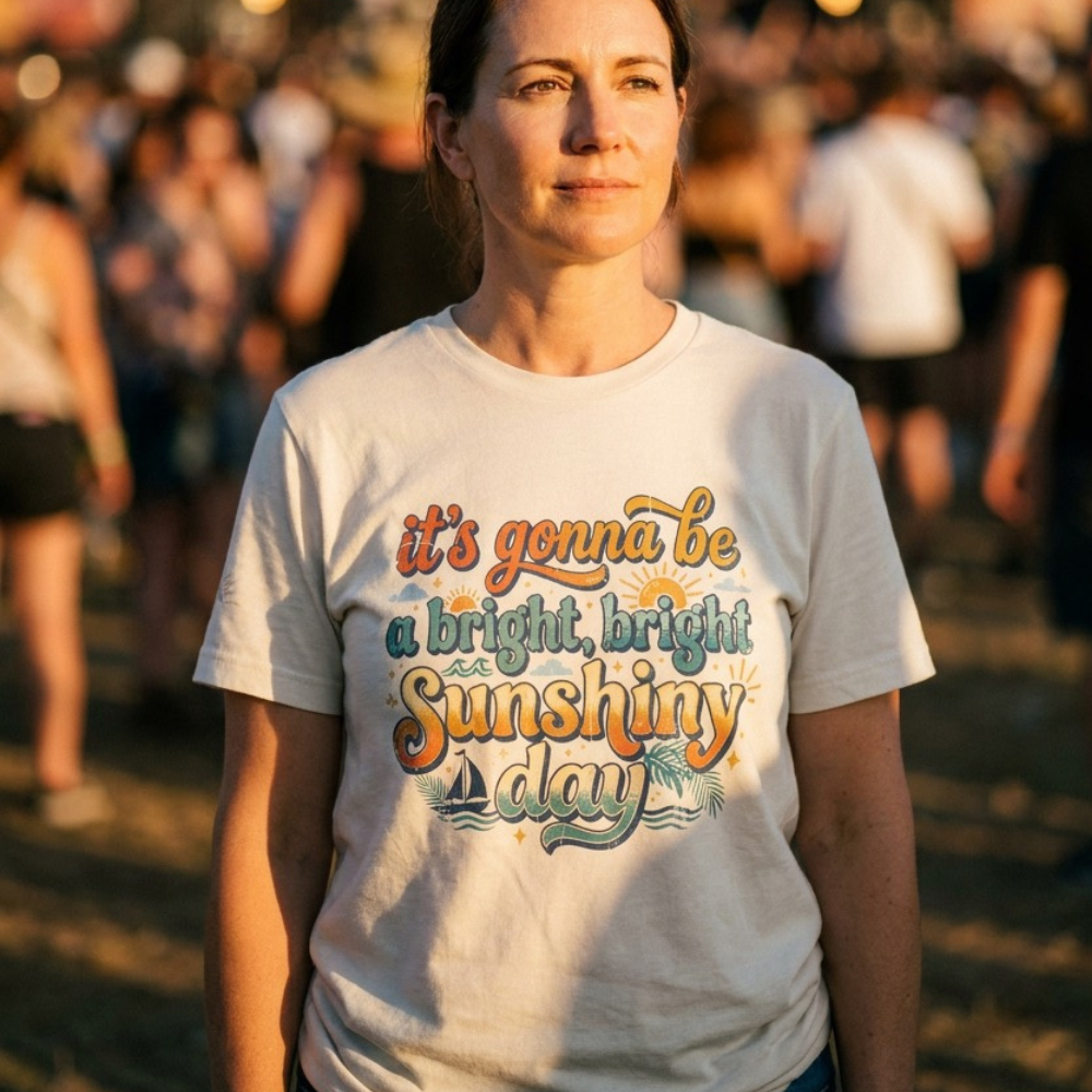 Woman wearing a t-shirt with a motivational quote at an outdoor event.
