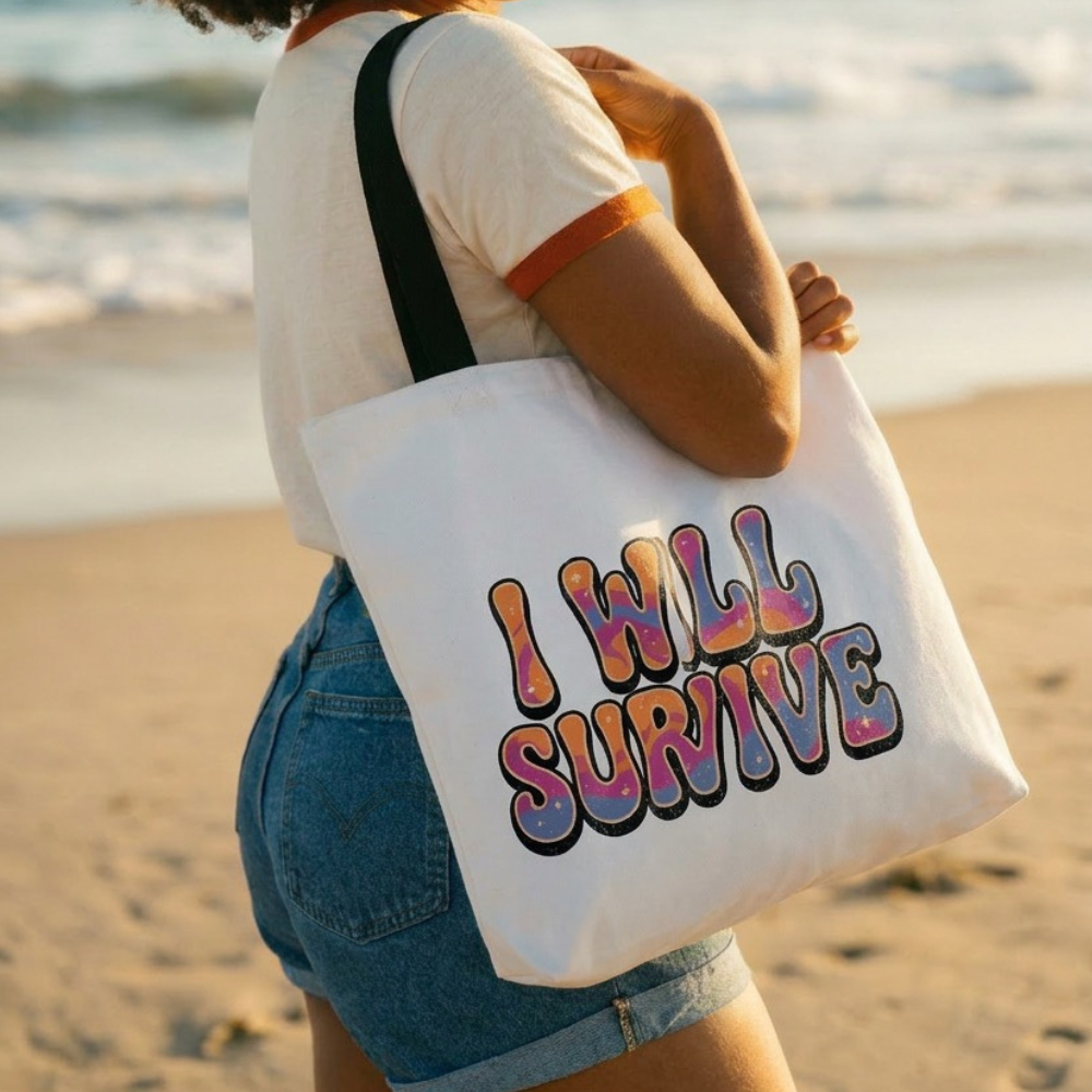 Woman holding a tote bag with 'I Will Survive' on a beach, featuring Lyrical Sunshine logo.