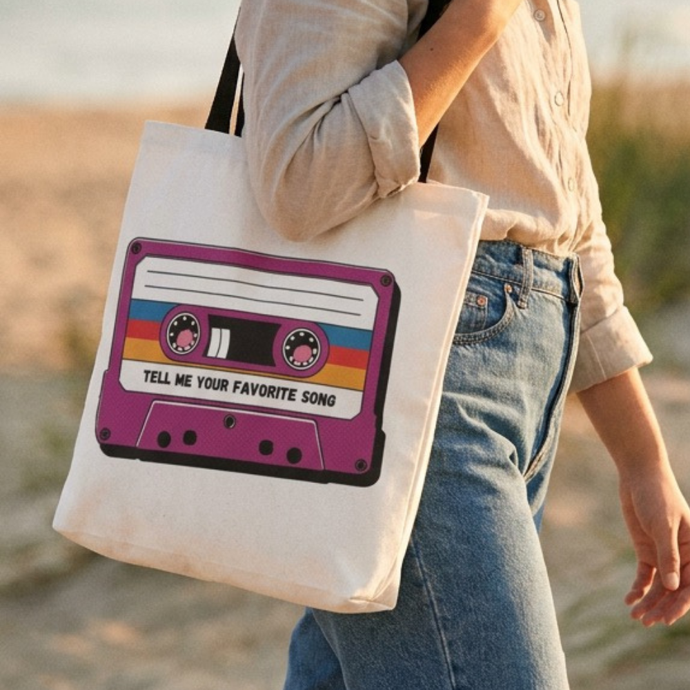 Person holding a tote bag with a cassette tape design on a beach