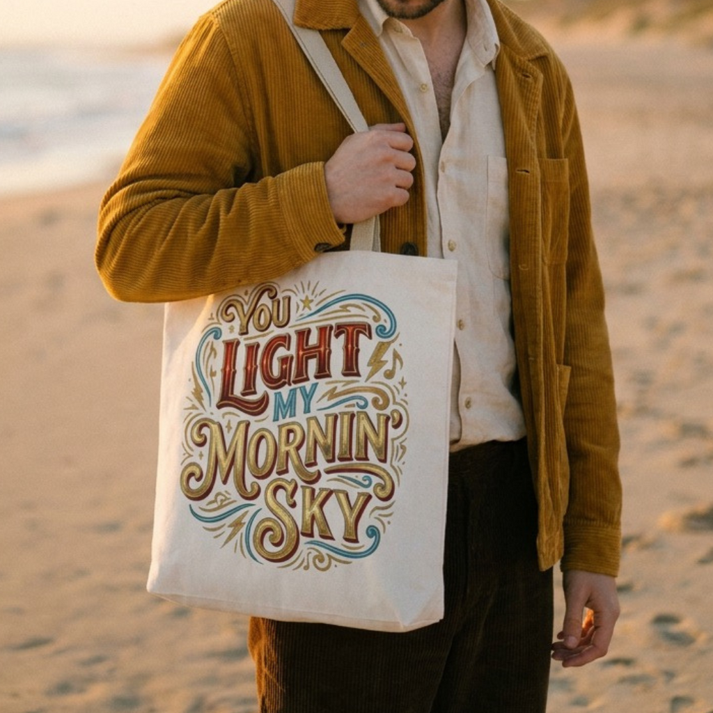 Man holding a tote bag with 'You Light My Mornin Sky' text on a beach