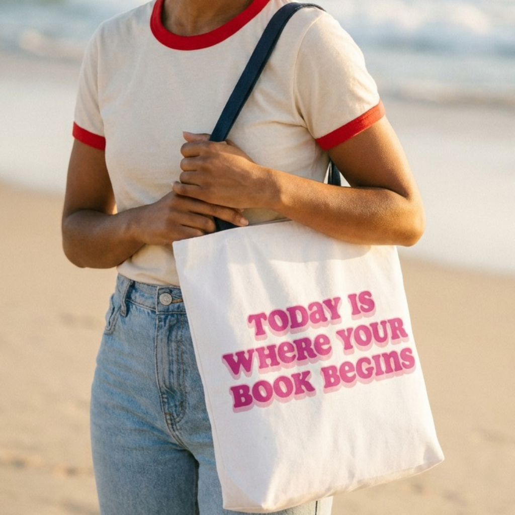 Woman holding a tote bag with 'Today is where your book begins' text on a beach.