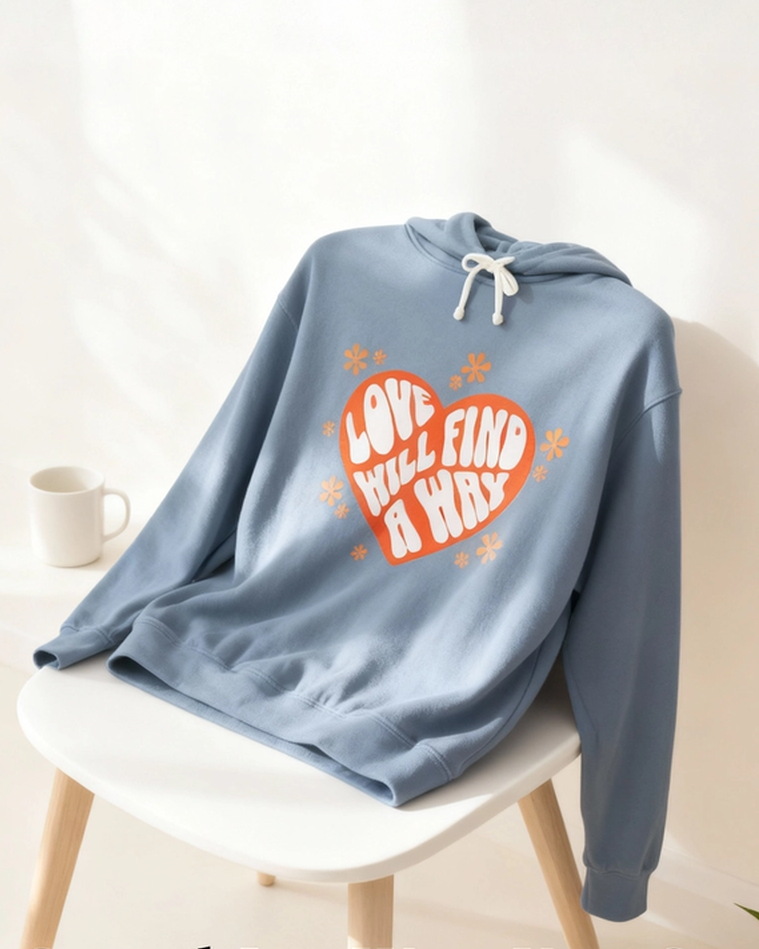 Blue hoodie with text on a chair in a minimalistic setting