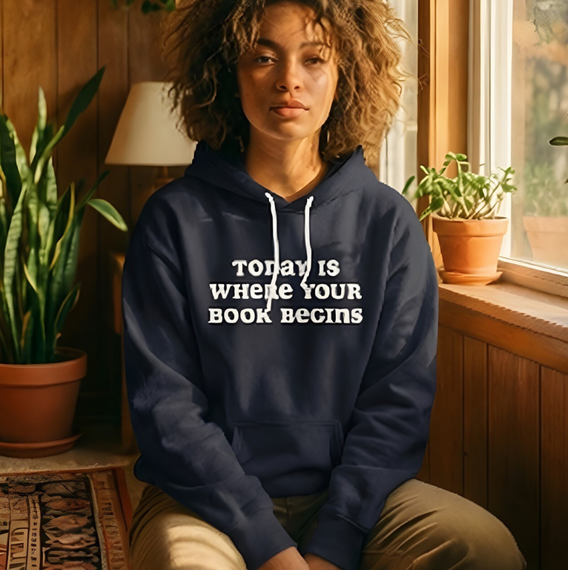 Person wearing a blue hoodie with text, sitting in a cozy room with plants and a window.