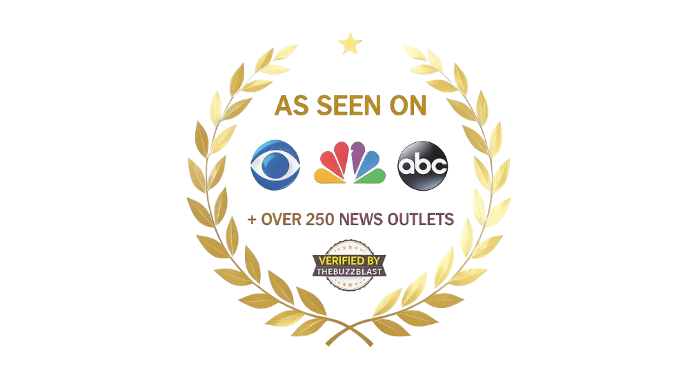 Logo with 'As Seen On' text and logos of CBS, NBC, and ABC, surrounded by a gold laurel wreath on a white background.